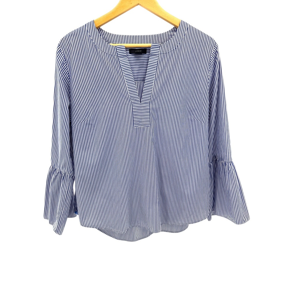 J.Crew Womens Blue White Striped Split Neck Bell‎ Sleeve Cotton Blouse Top 12